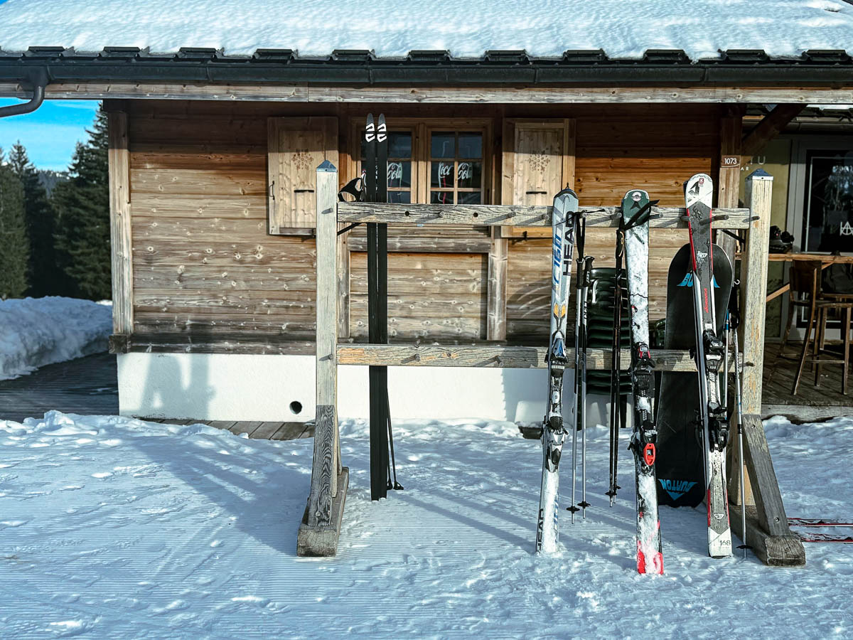 skis propped against a board Haute Savoie Mont Blanc