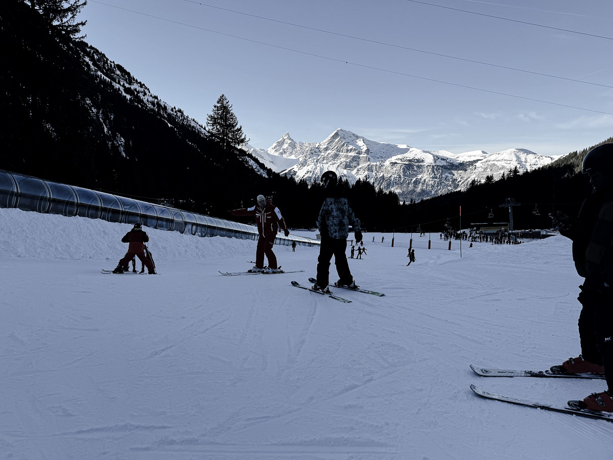 skiers on the slopes in Haute Savoie Mont Blanc